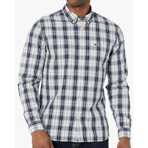 Lacoste Men's Long Sleeve Slim Fit Poplin Stretch Plaid Button Shirt Blue XL